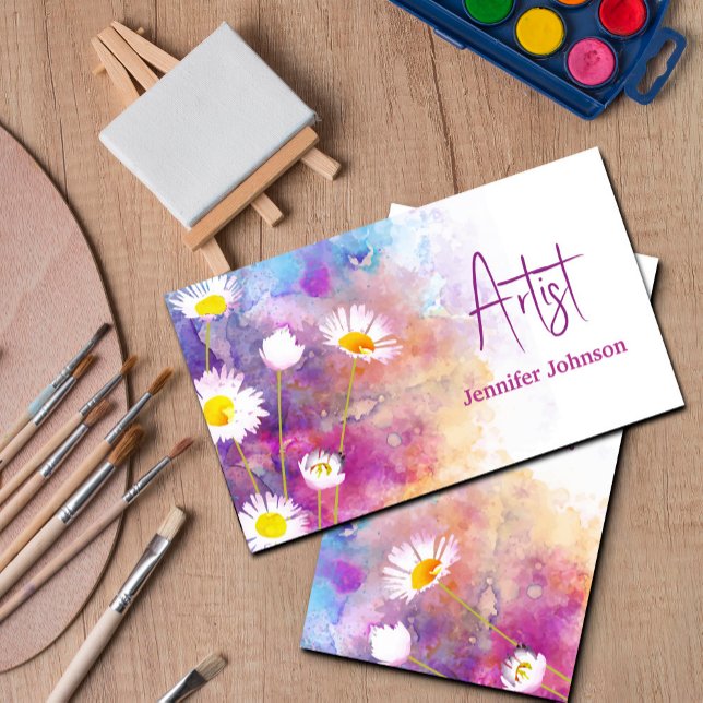 Tarjeta De Visita Artista de acuarela de pintura de flores abstracta (Modern business card with abstract daisy flowers – perfect for artist#ModernArt#BusinessCard #Daisy)