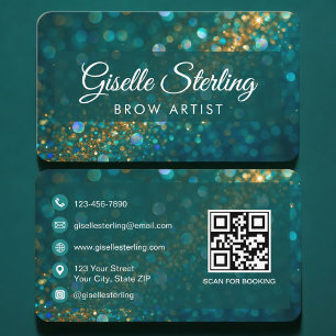 Tarjeta De Visita Artista de Cejas Verde Dorado Código QR Profesiona