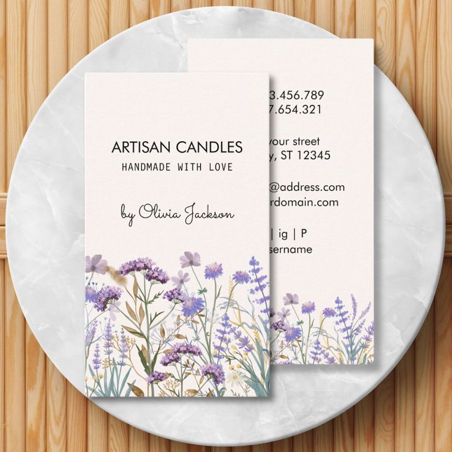 Tarjeta De Visita Artista de flores silvestres púrpura acuarela (Front and Back)