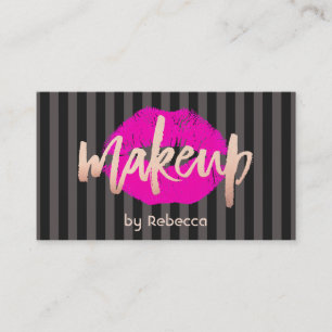 Tarjeta De Visita Artista de maquillaje a rayas Rosa Oro Lips rosado