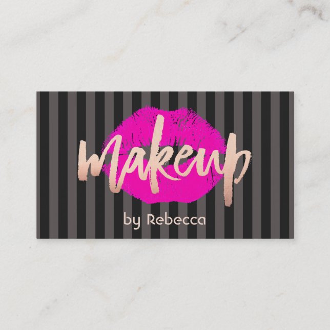 Tarjeta De Visita Artista de maquillaje a rayas Rosa Oro Lips rosado (Anverso)