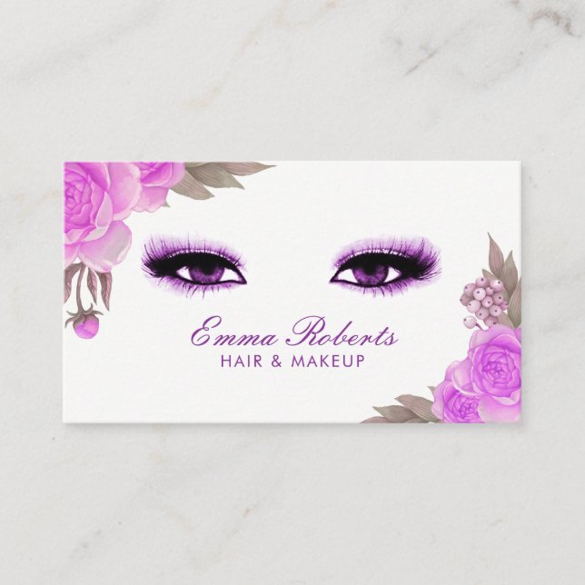 Tarjeta De Visita Artista de maquillaje Cabello Elegante Floral Púrp (Anverso)