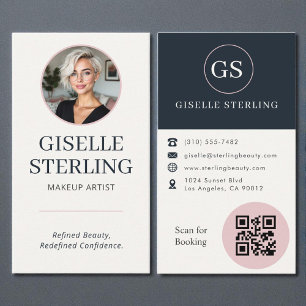 Tarjeta De Visita Artista de Maquillaje Código QR de Foto Rosa y Azu