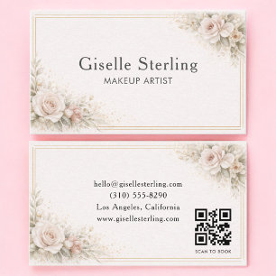 Tarjeta De Visita Artista de Maquillaje Código QR Floral Neutral Pro