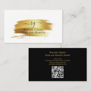 Tarjeta De Visita Artista de Maquillaje Código QR Moderno Dorado y N
