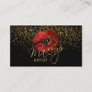 Tarjeta De Visita Artista de maquillaje con confetti de oro y labios
