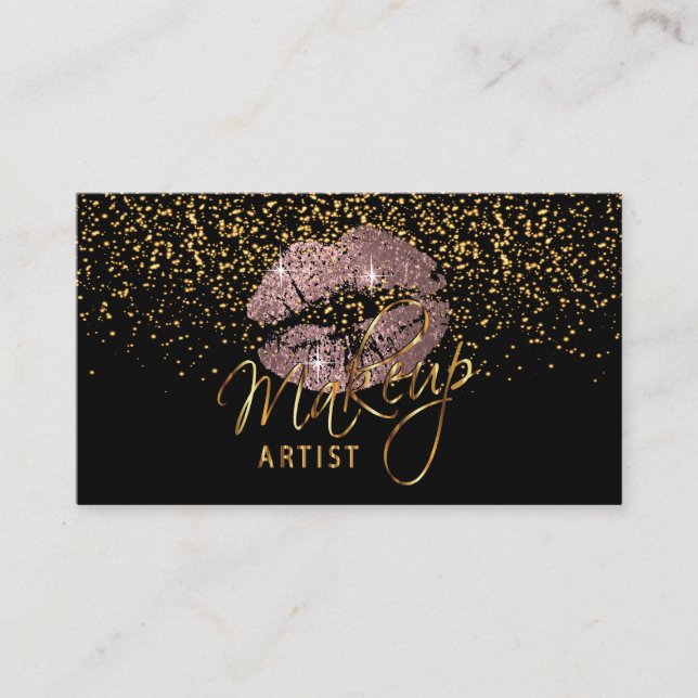 Tarjeta De Visita Artista de maquillaje con confetti de oro y Rosa d (Anverso)