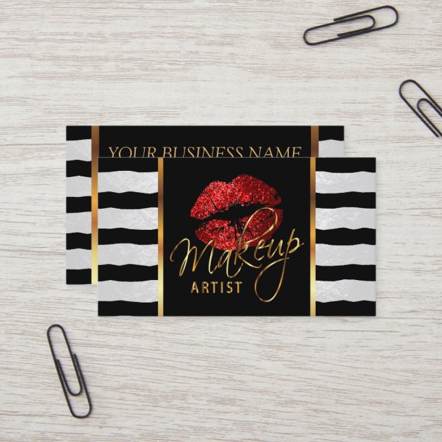 Tarjeta De Visita Artista de maquillaje con franjas y labios rojos (Anverso/Reverso In Situ)