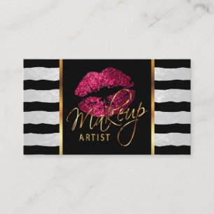 Tarjeta De Visita Artista de maquillaje con franjas y labios rosados