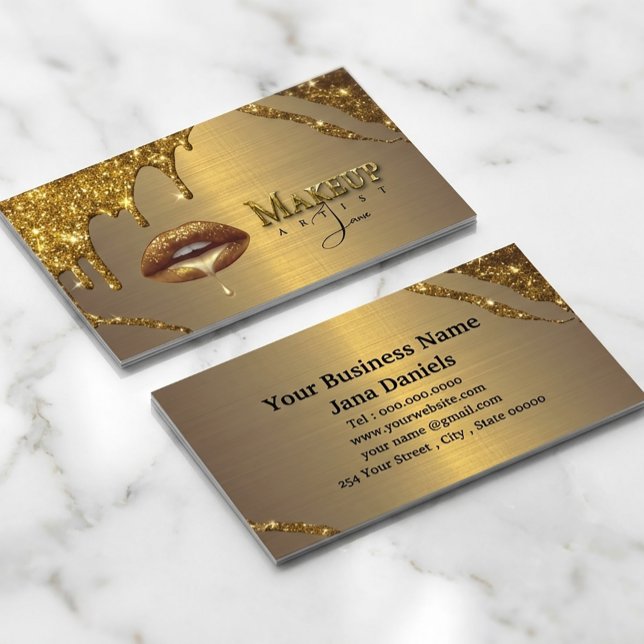 Tarjeta De Visita Artista de maquillaje con labios de goteo de oro (#makeupartistcard#goldbusinesscard#glitterdesign#luxurybusinesscard#makeupbrand#beautybranding
)