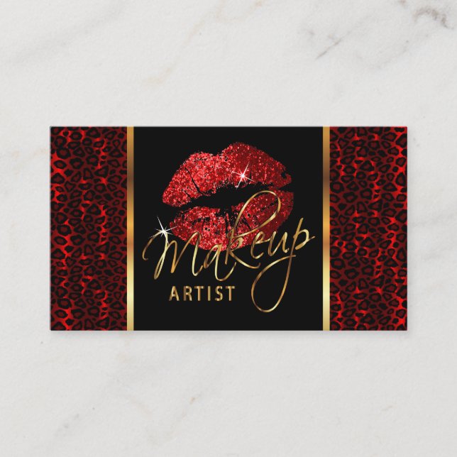 Tarjeta De Visita Artista de maquillaje con leopardo y labios rojos (Anverso)