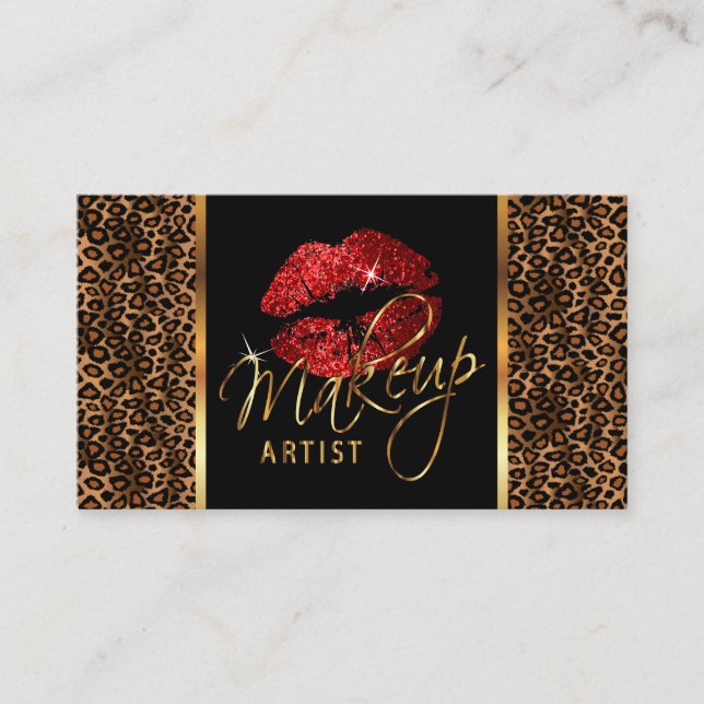 Tarjeta De Visita Artista de maquillaje con leopardo y labios rojos (Anverso)