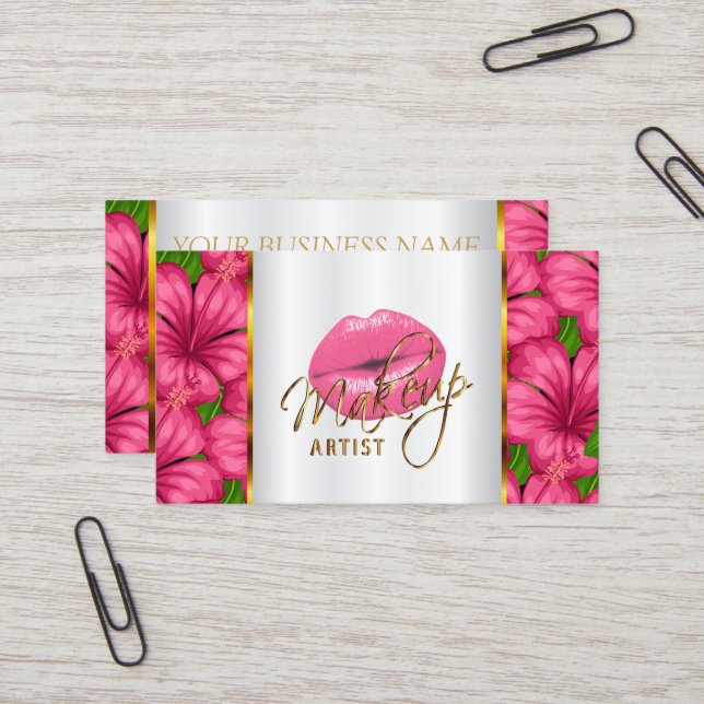 Tarjeta De Visita Artista de maquillaje con los labios y las flores (Anverso/Reverso In Situ)