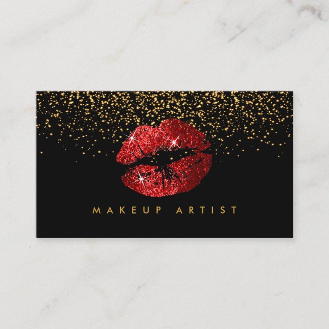 Tarjeta De Visita Artista de maquillaje con Oro y Labios Rojos (Anverso)