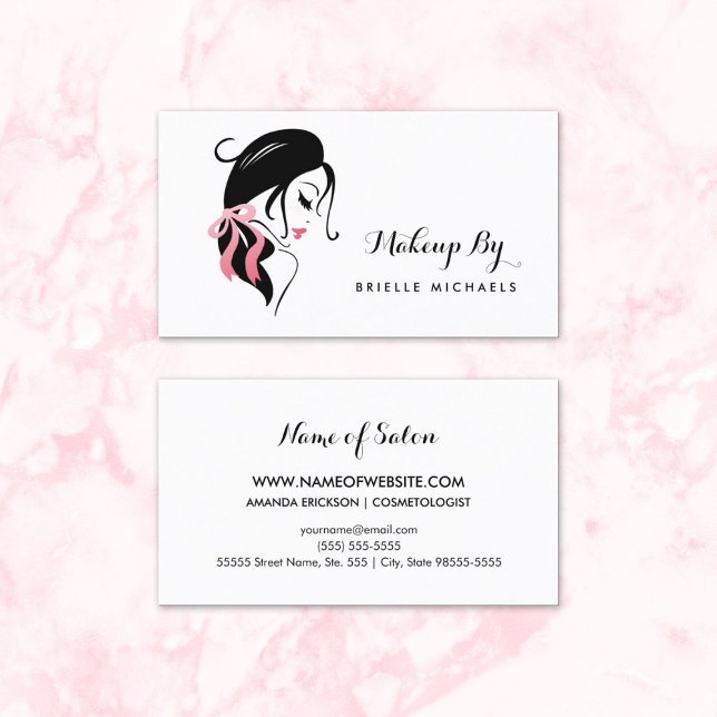 Tarjeta De Visita Artista de maquillaje con pestañas y arcos rosados (Makeup Artist Woman With Eyelashes and Pink Bow Business Cards)