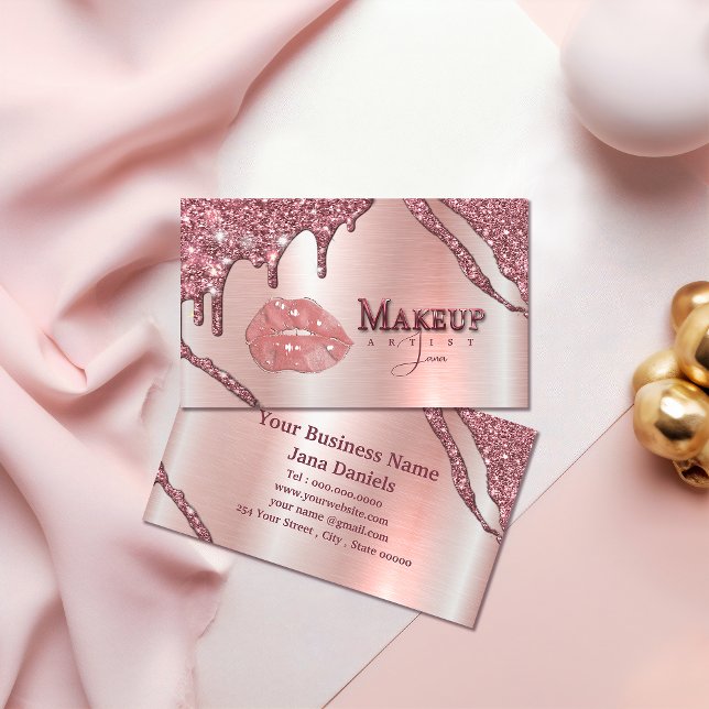 Tarjeta De Visita Artista De Maquillaje Con Tapa De Oro Rosa (Makeup Artist With Rose Gold Dripping Lips Business Card #makeupartistbusinesscard #rosegoldglitter)