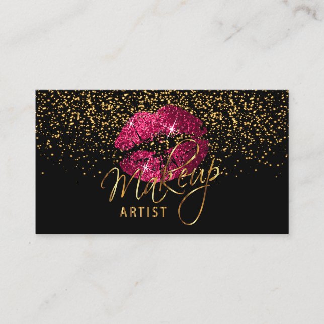 Tarjeta De Visita Artista de maquillaje - Confetti de oro y labios � (Anverso)