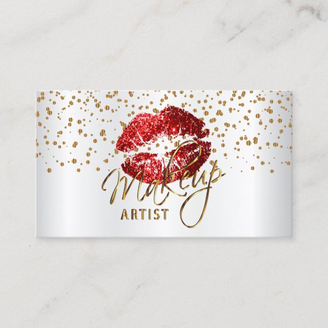 Tarjeta De Visita Artista de maquillaje Confetti dorado y labios roj (Anverso)