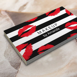 Tarjeta De Visita Artista de maquillaje de labios rojos besa franjas