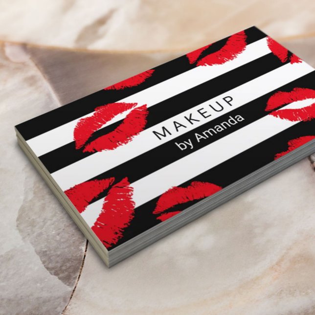 Tarjeta De Visita Artista de maquillaje de labios rojos besa franjas (Subido por el creador)