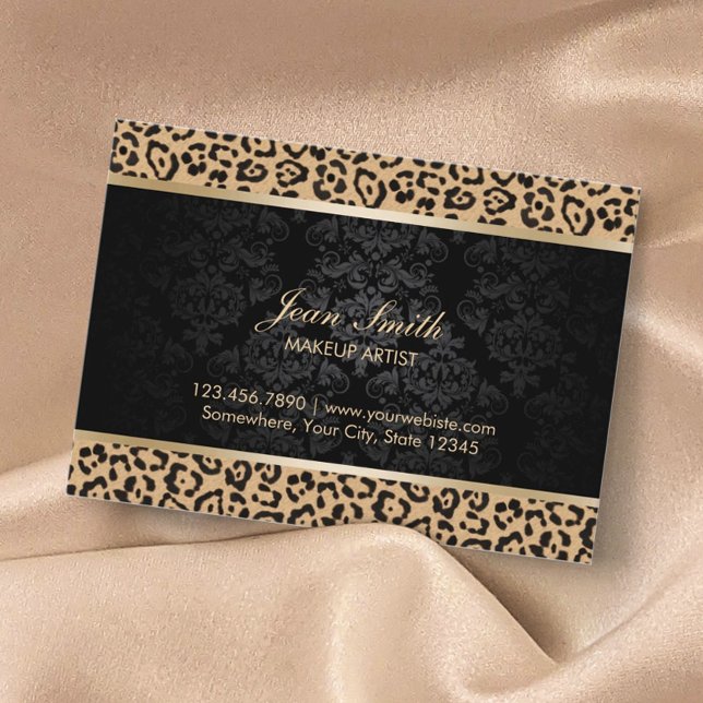 Tarjeta De Visita Artista de maquillaje de leopardo de lujo y Damask (Subido por el creador)