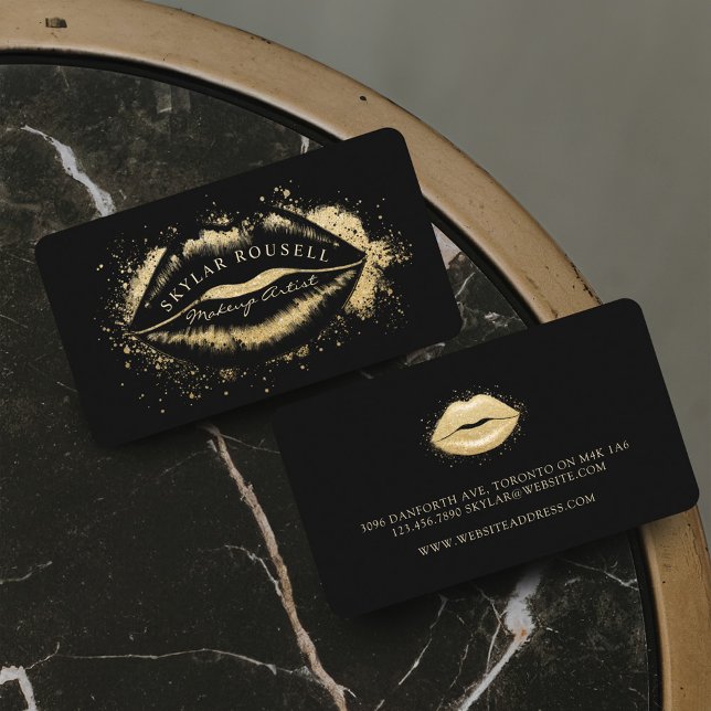 Tarjeta De Visita Artista de maquillaje de lujosos Purpurinas de col (Luxury Black & Gold Glitter Lips Makeup Artist Business Card)