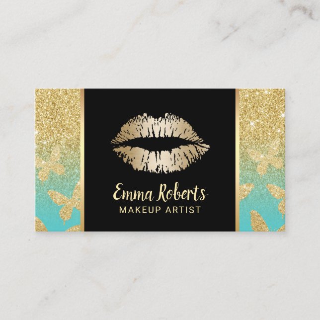 Tarjeta De Visita Artista de maquillaje de oro levanta mariposas Pur (Anverso)