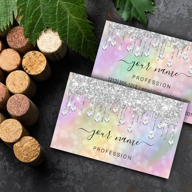 Tarjeta De Visita Artista de maquillaje de Purpurina de plata hologr (Holographic Silver Glitter Drips Makeup Artist Business Card)