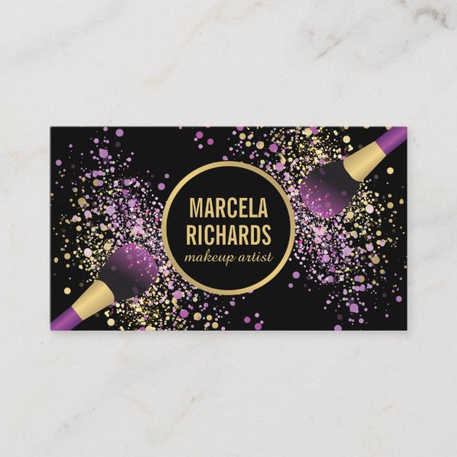 Tarjeta De Visita Artista de maquillaje de Rubor morado y dorado (Anverso)