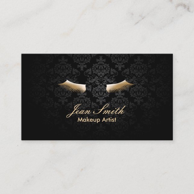 Tarjeta De Visita Artista de maquillaje dorado azota elegante Damask (Anverso)