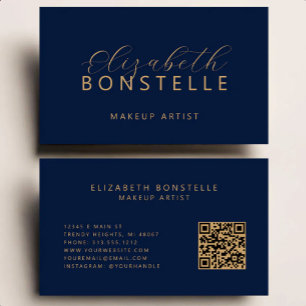 Tarjeta De Visita Artista de Maquillaje Elegante Código QR Azul Mari