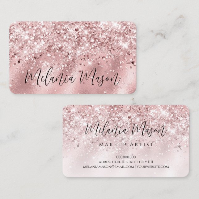 Tarjeta De Visita Artista de maquillaje Elegante Rosa Purpurina de o (Anverso / Reverso)