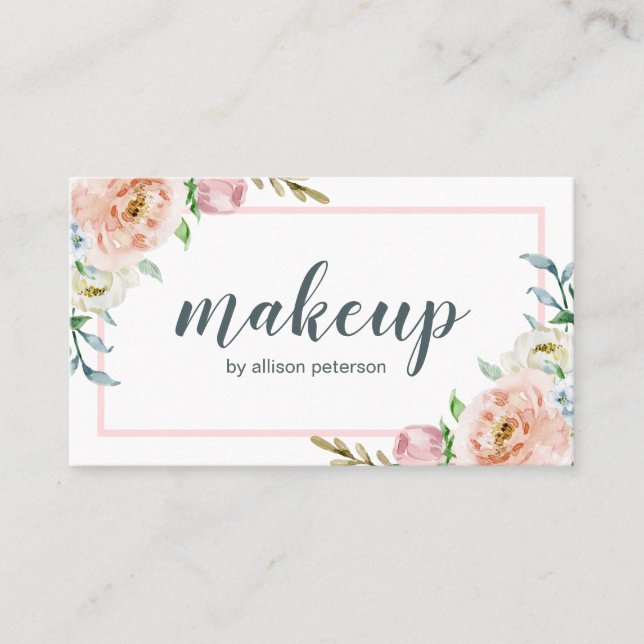 Tarjeta De Visita Artista de maquillaje elegante y rosa floral (Anverso)