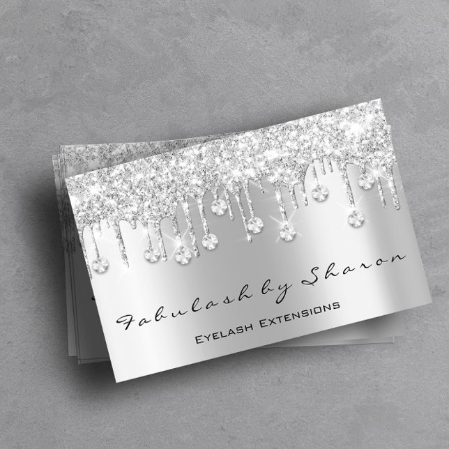 Tarjeta De Visita Artista de maquillaje Eyelash Diamante Dritas Purp (Makeup Artist Eyelash Diamond Drips Silver Glitter Business Card)