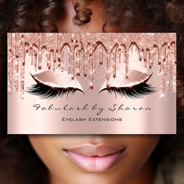 Tarjeta De Visita Artista de maquillaje Eyelash Efecto 3D Purpurina  (Makeup Artist Eyelash 3D Effect Glitter Drips Rose Business Card)