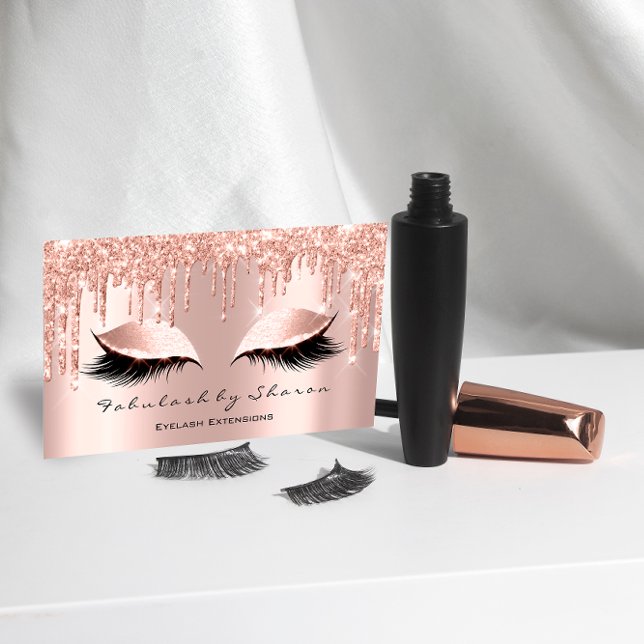 Tarjeta De Visita Artista de maquillaje Eyelash Lazas Purpurina Drin (Makeup Artist Eyelash Lashes Glitter Drips Rose Business Card)