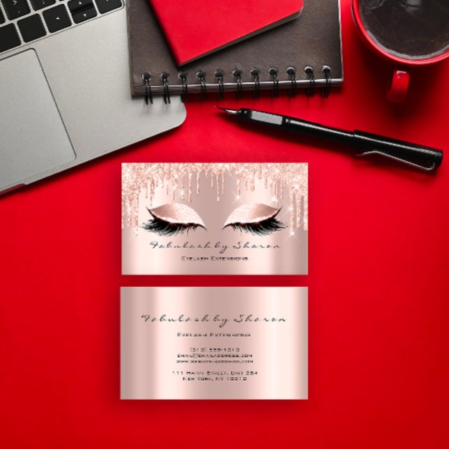 Tarjeta De Visita Artista de maquillaje Eyelash Lazas Purpurinas Dri (Makeup Artist Eyelash Lashes Glitter Drips Rose 1 Business Card)