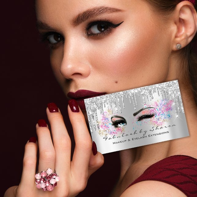 Tarjeta De Visita Artista de maquillaje Eyelash Lazas Purpurinas Dri (Makeup Artist Eyelash Lashes Glitter Drips Silver Business Card)