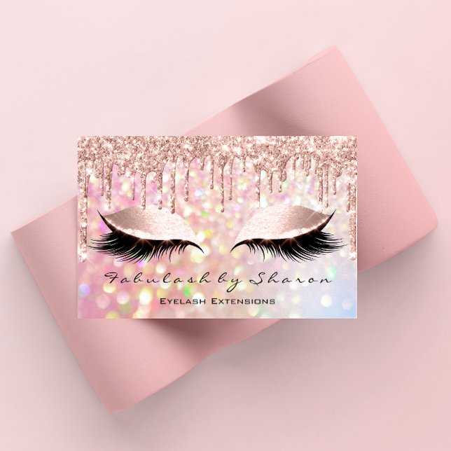 Tarjeta De Visita Artista de maquillaje Eyelash Purpurina rosado Ros (Makeup Artist Eyelash Pink Glitter Drips Rose Business Card)