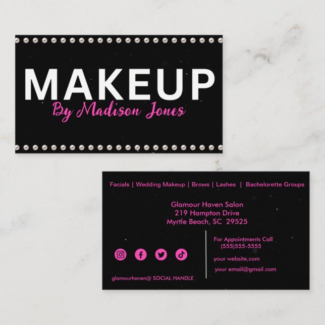 Tarjeta De Visita Artista de maquillaje Girly Cartas de Negros Blanc (Anverso / Reverso)