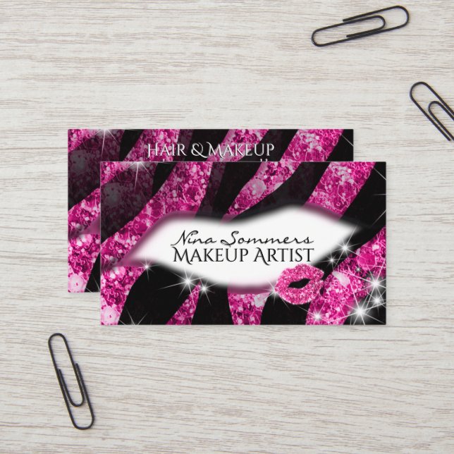 Tarjeta De Visita Artista de maquillaje Glam Láminas Purpurinas rosa (Anverso/Reverso In Situ)