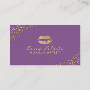Tarjeta De Visita Artista de maquillaje Gold Lips Salon Morado Moder
