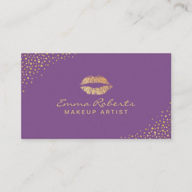 Tarjeta De Visita Artista de maquillaje Gold Lips Salon Morado Moder (Anverso)