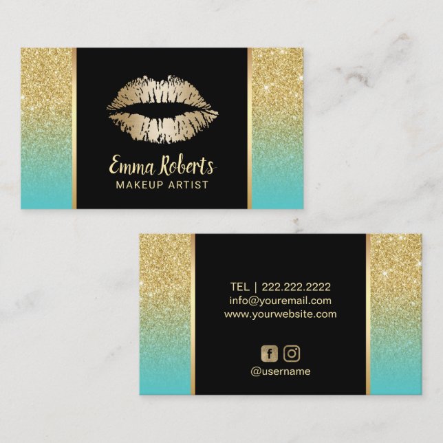 Tarjeta De Visita Artista de maquillaje Gold Lips Turquoise Gold Pur (Anverso / Reverso)