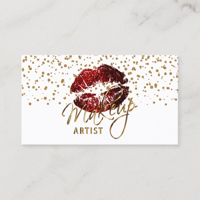 Tarjeta De Visita Artista de maquillaje Golden Confetti y los labios (Anverso)