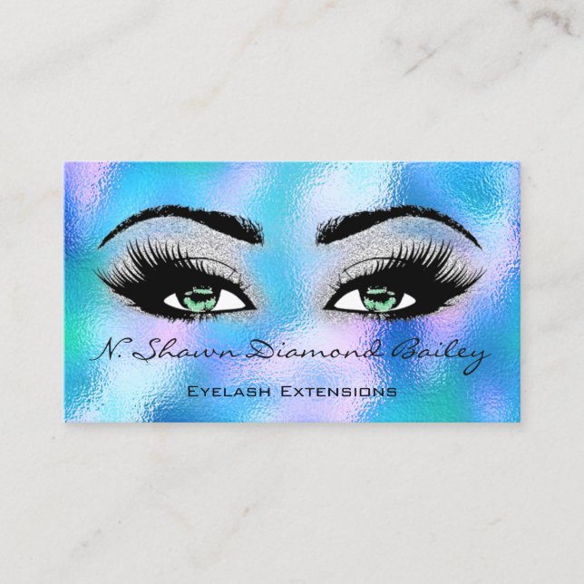 Tarjeta De Visita Artista de maquillaje Green Eyelash Blue Holograph (Anverso)