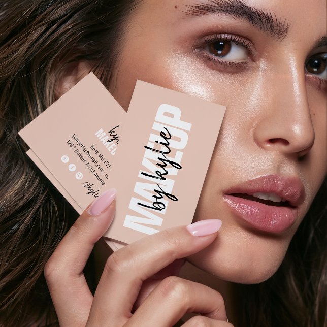 Tarjeta De Visita Artista de maquillaje guión de firma en negrita ro (Makeup artist bold signature script blush pink business card)