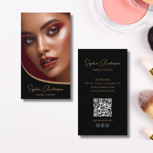 Tarjeta De Visita Artista de maquillaje guión moderno negro y oro