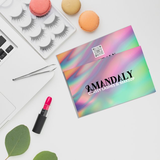 Tarjeta De Visita Artista de maquillaje holográfico Eyelash QR LOGO  (Holographic Makeup Artist Eyelash QR LOGO Gold Business Card)