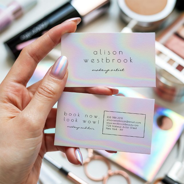 Tarjeta De Visita Artista de maquillaje holográfico moderno arcoiris (Modern holographic makeup artist pastel rainbow)